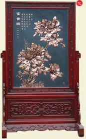 铜字画铜浮雕系列红木落地屏风-富贵图-TH-012